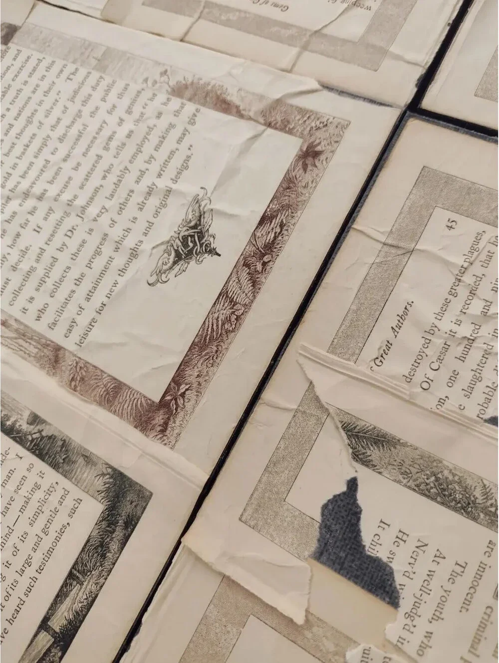 Antique Book Page Wall Art Set of 6, 12x12 Archive Panels, Dark Academia Vintage